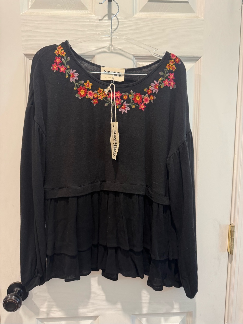Savanna Jane Black Embroidered Floral Peplum Sweatshirt